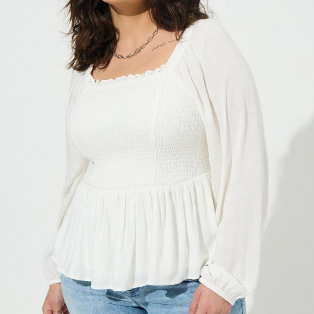 Torrid Rayon Slub Smocked Bodice Long Sleeve Crop Blouse NWT